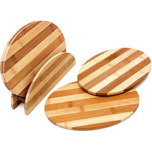 Relaxdays - Set of 4 Oval Bamboo Chopping Boards with Stand, HxWxD: 0.5 x 25 x 18 cm, Striped, Easy to Clean, Brown