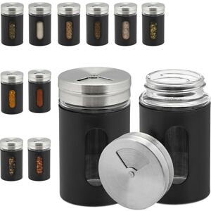 Relaxdays spice jars, set of 12, 3 shaker functions, herbs & spices, glass jars, stainless steel, black/silver