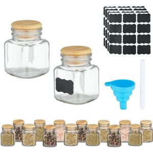 Spice Jars, Set of 16, Square, Glass, 100 ml, Bamboo Lid, Kitchen, Labels, Pen & Funnel, Transparent/Natural - Relaxdays