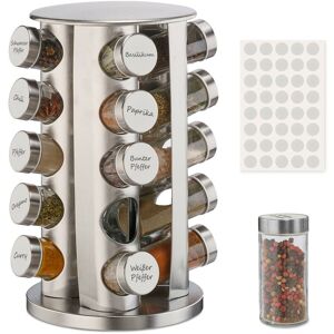 Relaxdays Spice Rack, 20 Glass Jars, 40 Labels, Rotatable, Stainless Steel, H x D: approx. 33.5 x 19.5 cm, Silver