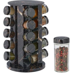Relaxdays - Spice Rack, 20 Glass Jars, Rotatable, Stainless Steel, h x d: approx. 33.5 x 19.5 cm, Marble Optic, Black