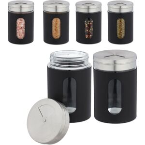RELAXDAYS 12 x spice shakers, 3 sprinkle levels, spices & herbs, XL spice jars, 290 ml, glass & stainless steel, black, set