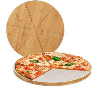 Relaxdays - 4x Bamboo Pizza Board, Set of 4, Round Serving Plate, 33 cm ø, incl. Baking Paper, Server with Grooves, Natural