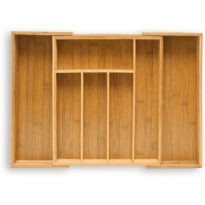 Wooden Bamboo Cutlery Tray, hwd: 5 x 48 x 34 cm, Extendable, Pull-out, 5-7 Compartments, Bamboo, Natural Brown - Relaxdays