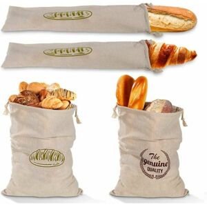 Hoopzi - Set of 4 bread bags, cotton vegetable bags, reusable, strong, lightweight, washable and easy to store.