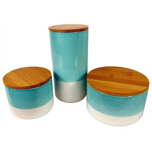 Leaf Set of Three Canisters Aqua Green Ceramic Storage Jars with Lids