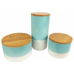 Leaf Set of Three Canisters Aqua Green Ceramic Storage Jars with Lids