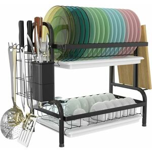 DEWDAT Dish Rack, 2-Tier Stainless Steel Dish Drainer Rack with Dish Rack, Utensil Holder, Cutting Board Holder, Large Rust-Proof Dish Drainer, Black DEWDAT Dish Rack, 2-Tier Stainless Steel Dish Drainer Rack with Dish Rack, Utensil Holder, Cutting Board Holder, Large Rust-Proof Dish Drainer, Black