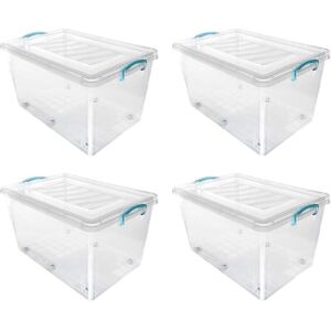 Plastic Clip Lidded Storage Box with Wheels, Stackable and Nestable, Clear, Set of 4, 50L - JVL Plastic Clip Lidded Storage Box with Wheels, Stackable and Nestable, Clear, Set of 4, 50L - JVL