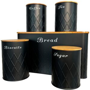 Oypla - 5pc Black Bamboo Lid Kitchen Canister Storage Tin Set Bread Biscuits Tea Sugar Coffee Oypla - 5pc Black Bamboo Lid Kitchen Canister Storage Tin Set Bread Biscuits Tea Sugar Coffee