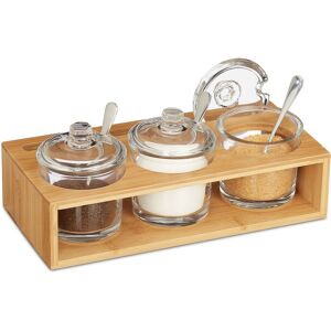 3x Spice Jars, Bamboo Holder, Glass Bowl, Spoon & Lid, Salt Container, 11 x 27 x 13 cm, Natural/Transparent - Relaxdays 3x Spice Jars, Bamboo Holder, Glass Bowl, Spoon & Lid, Salt Container, 11 x 27 x 13 cm, Natural/Transparent - Relaxdays