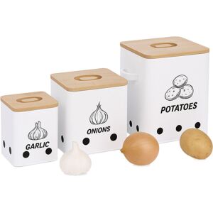 Relaxdays Potato Storage Box Set of 3 for Onions, Garlic, Metal, Bamboo Lid, Square, White/Natural Relaxdays Potato Storage Box Set of 3 for Onions, Garlic, Metal, Bamboo Lid, Square, White/Natural