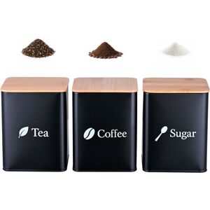 Relaxdays storage jars, set of 3, coffee, tea, sugar, steel, bamboo lids, H x W x D: 15x11x11 cm, black/natural Relaxdays storage jars, set of 3, coffee, tea, sugar, steel, bamboo lids, H x W x D: 15x11x11 cm, black/natural