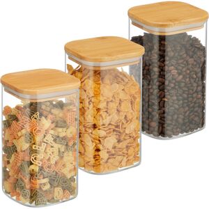 Relaxdays - Storage Jars with Bamboo Lids, Set of 3, Square, 1200 ml Each, Dry Food Storage, Glass, Transparent/Natural Relaxdays - Storage Jars with Bamboo Lids, Set of 3, Square, 1200 ml Each, Dry Food Storage, Glass, Transparent/Natural