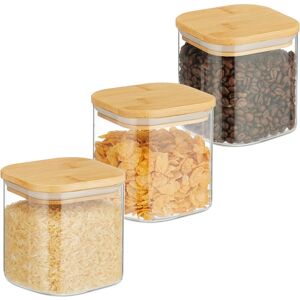 Relaxdays - Storage Jars with Bamboo Lids, Set of 3, Square, 600 ml Each, Dry Food Storage, Glass, Transparent/Natural Relaxdays - Storage Jars with Bamboo Lids, Set of 3, Square, 600 ml Each, Dry Food Storage, Glass, Transparent/Natural