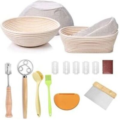 OEM Sourdough Fermentation Basket Set, Including Round And Oval Baskets Made Of 100% Natural Rattan, A Breadstick, A Pastry Brush, A Spatula, And A Brush. Kit For... OEM Sourdough Fermentation Basket Set, Including Round And Oval Baskets Made Of 100% Natural Rattan, A Breadstick, A Pastry Brush, A Spatula, And A Brush. Kit For...