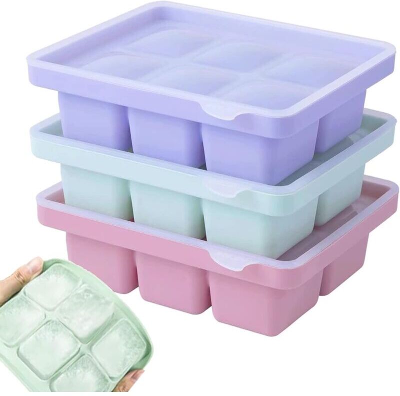 HÉLOISE 3 Pcs Ice Cube Mold, Large Ice Cube Tray with Lid Stackable and Dishwasher Safe, Silicone for Whiskey, Cocktails and Baby Snacks Drinks, bpa Free