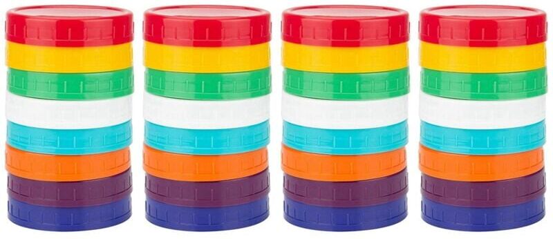 TLILY 32 Pack Plastic Mason Jar Lids - Colored Mason Jar Caps 100% Compatible for Ball Kerr Wide Mason Jars (Wide Mouth)