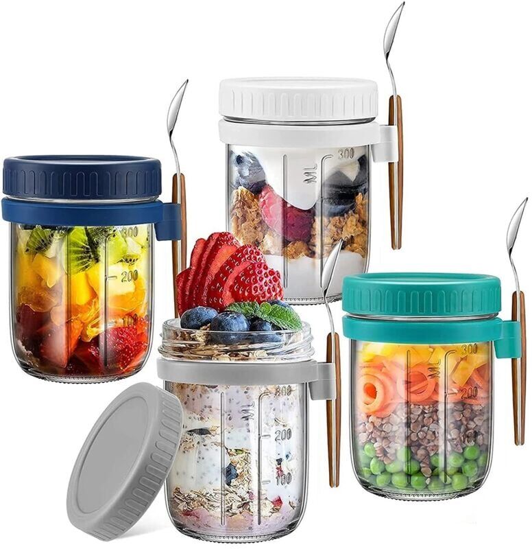 TLILY 4 Pack Overnight Oatmeal Containers with Lids and Spoons, 12 Oz Glass Mason Oatmeal Jars, Airtight Container for Oatmeal