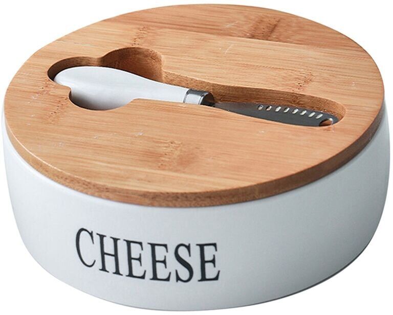 Tlily - Ceramic Butter Dish Cheese Box with Lid and Knife Set Container Storage Tray