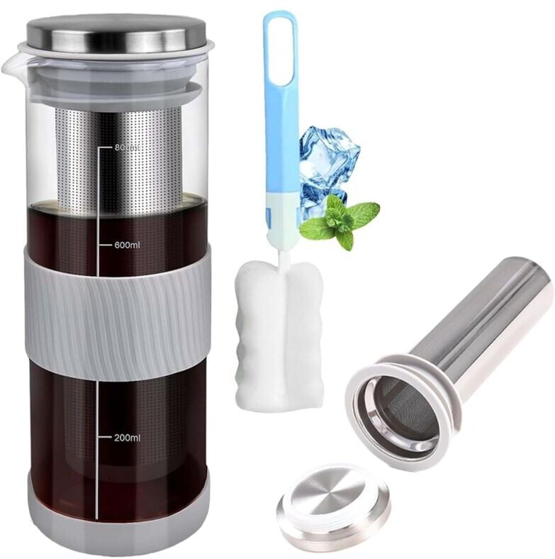 Tlily - Cold Brew Coffee Maker Jar Pitcher 800ML Stainless Steel Filter with Cup Brush for Fruits Tea