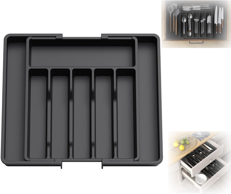 COOCHEER Cutlery, Expandable Drawer Utensil Tray, Adjustable Drawer Organizer for Kitchen, Compact Plastic Storage for Holding Spoons, Forks, Black