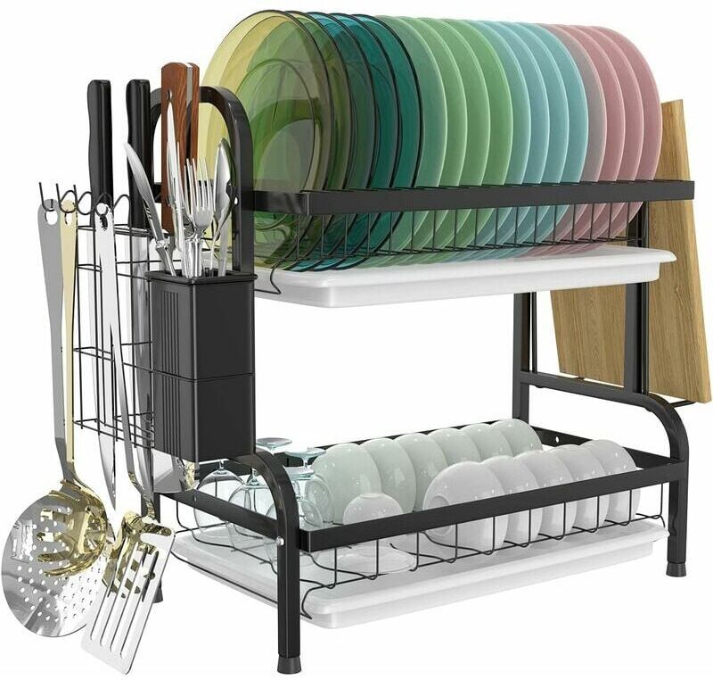 DEWDAT Dish Rack, 2-Tier Stainless Steel Dish Drainer Rack with Dish Rack, Utensil Holder, Cutting Board Holder, Large Rust-Proof Dish Drainer, Black