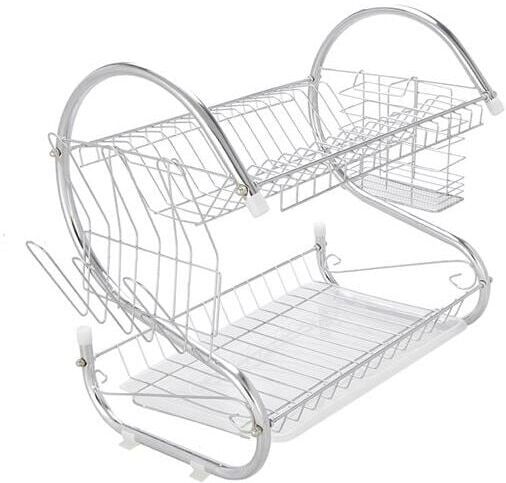 DEWDAT Kitchen Dish Drying Holder, 2 Tier Stainless Steel Bowl Cup Drain Drying Rack with Utensil Knife Holder-Silver