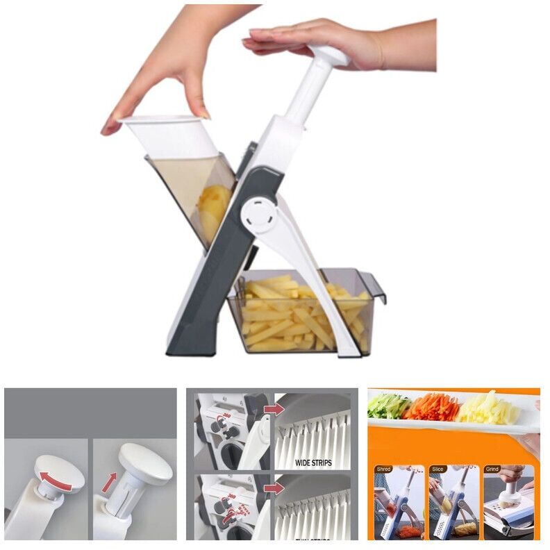 Kitchen Mandoline Safety Slicer Manual Multifunction All Vegetable Cutter Stainless Steel Blade, Julienne, Cubes, Potato Fries Carrot Cutter, - Gray