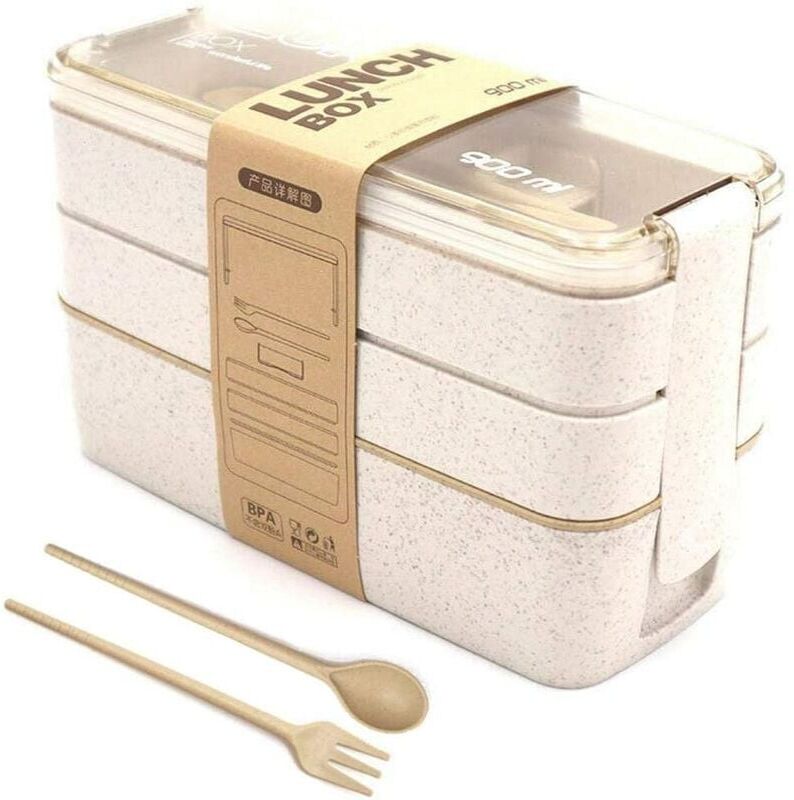 DHKLFA Lunch box, 900ml 3-layer lunch box, eco-friendly wheat straw bento box, bento box with fork and spoon, bento box for adults and children 8Any523b58