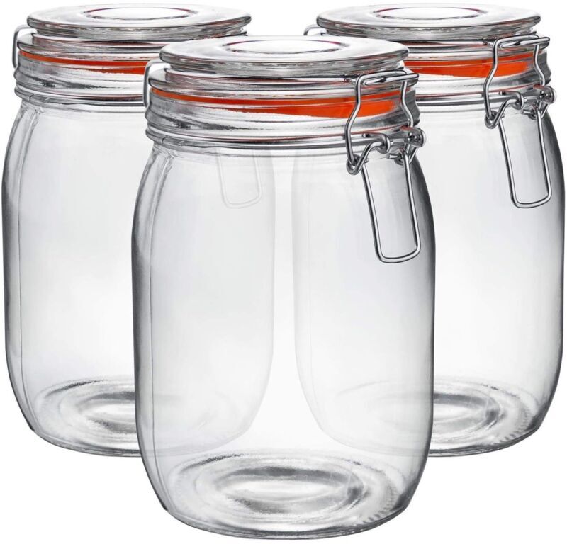 NEO DIRECT Neo 1L Pack of 3 Canisters Tableware Scandi Glass Storage Jars with Airtight Silicone Seal Metal Clip Top Lids Modern Kitchen Pantry Food