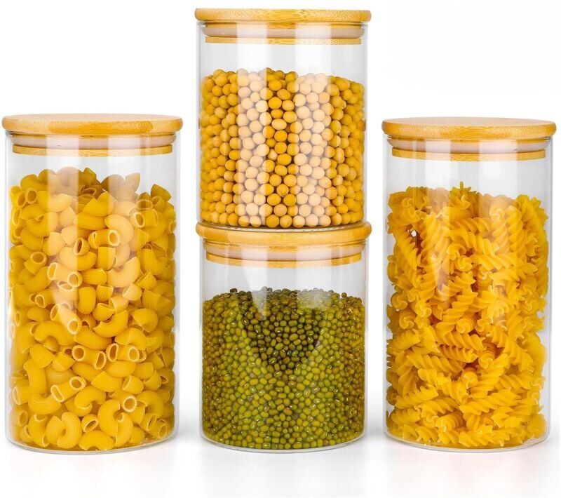 Neo Direct - Neo Set of 4 Glass Storage Jars with Bamboo Lids Airtight Glass Canisters with 2 Size 800ml and 1200ml, Large Kitchen Food Storage Jars