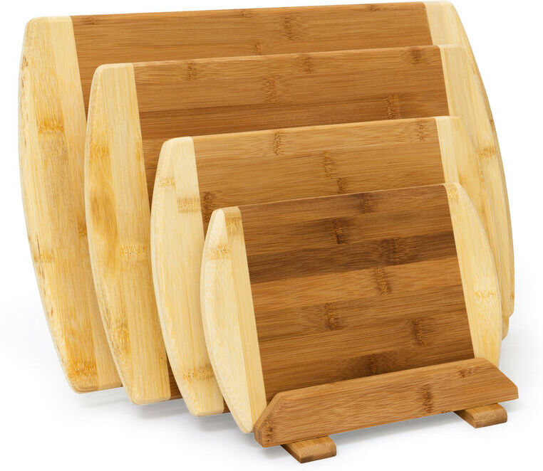 Relaxdays - Chopping Board Bamboo Set Of 4 With Stand: 28 x 44 x 30 cm Cutting Board Set Four In Different Sizes Two-Colored Wood Double-Sided, Knife