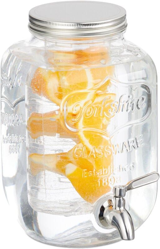 Drinks Dispenser, 4 l, Beverage Jar with Fruit Infuser, Tap & Lid, Water Container, Glass & Metal, Transparent - Relaxdays