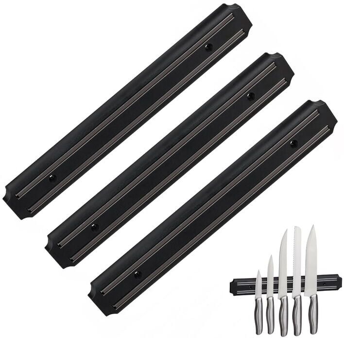 Relaxdays - Magnetic Knife Strip, Set of 3, 33 cm Long Rack, Plastic & Steel, Holder for Kitchen Knives & Tools, Black