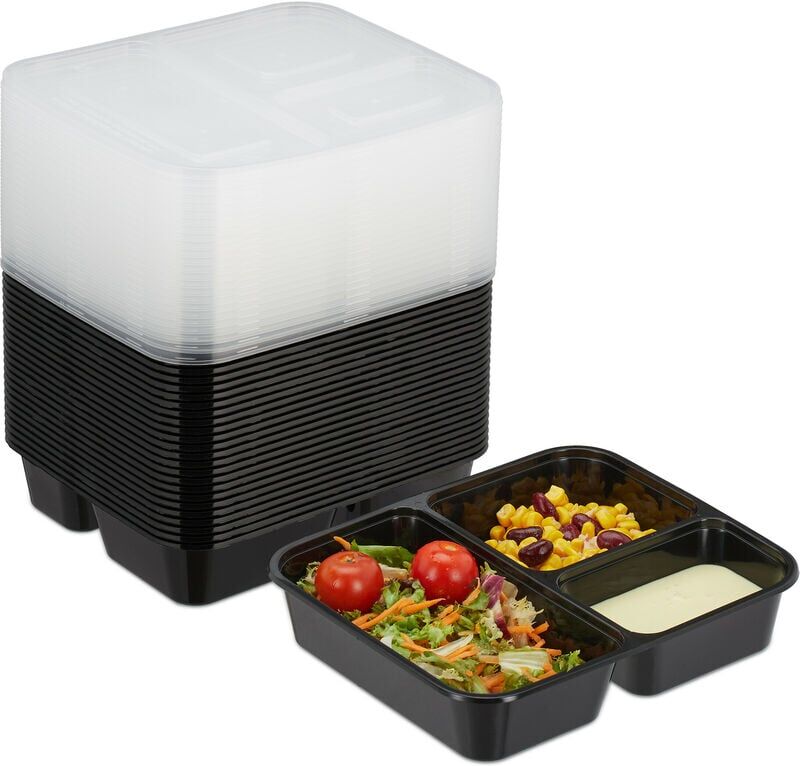 Relaxdays Meal Prep Containers, Set of 24, 3 Compartments, Microwave-Safe, BPA-Free, Reusable, Plastic Lunch Box, Black