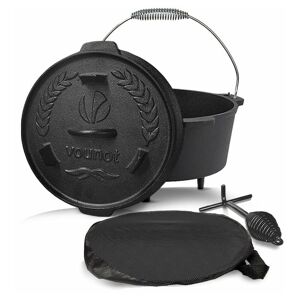 Dutch Oven 9 Liters, Pre-Seasoned, Cast Iron Fire Pot with Carry Bag, Feet, Lid Lifter, Spiral Handle - Vounot