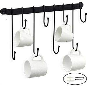 40CM Wall Mounted Pan Rack with 8 Hooks, Strong Adhesive Bar Kitchen Utensils Shelf, for Pan, Pot, Lids, Cooking Utensils, Black Groofoo