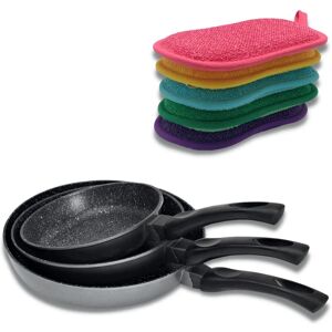 Set of 3 stone pans with 5 CLEVER SPONGE - Non-stick coating - Reusable cleaning sponges