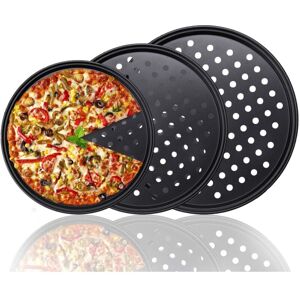 Sollbry 3Pcs Round Pizza Baking Tray Non-Stick with Perforated Holes - 24cm, 28cm, 32cm - Carbon Steel Pizza Pan for Home Kitchen Oven (3pcs)