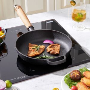 LIVINGANDHOME Round Cast Iron Skillet with Removable Wooden Handle LIVINGANDHOME Round Cast Iron Skillet with Removable Wooden Handle