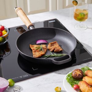 LIVINGANDHOME Round Cast Iron Skillet with Removable Wooden Handle LIVINGANDHOME Round Cast Iron Skillet with Removable Wooden Handle
