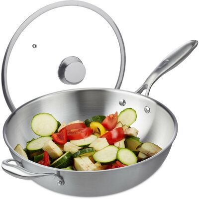 Relaxdays - Wok, 32 cm, Uncoated Stainless Steel, Glass Lid, Gas, Induction & Electric Hobs, Stir Fry Pan, Handle, Silver Relaxdays - Wok, 32 cm, Uncoated Stainless Steel, Glass Lid, Gas, Induction & Electric Hobs, Stir Fry Pan, Handle, Silver