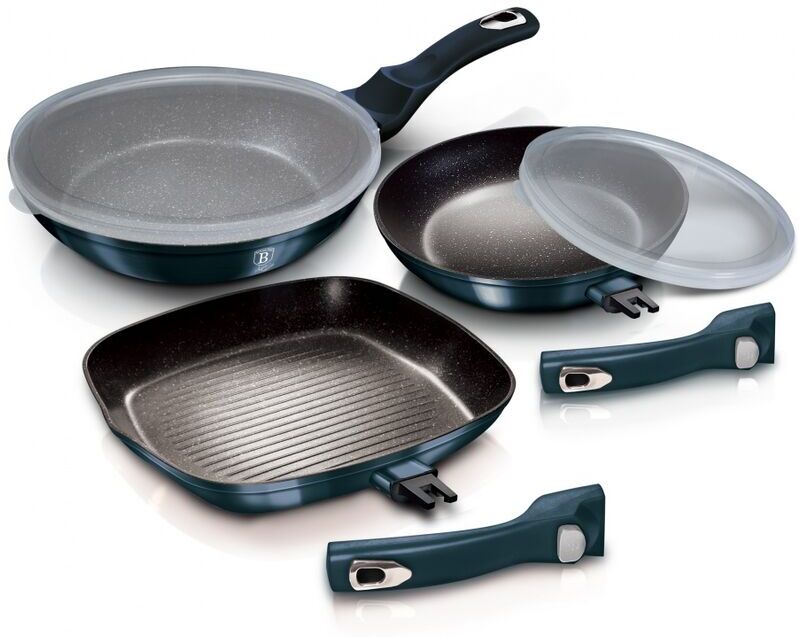 5 Pc Frying Pan Set With Grill And Detachable Handles - Aquamarine