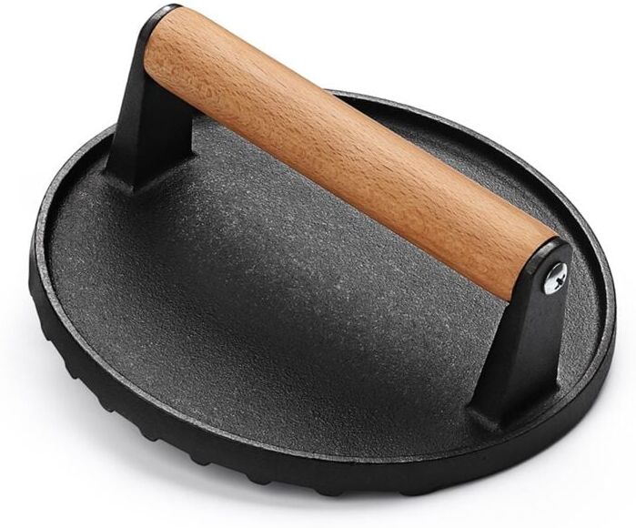 TLILY Burger 7Inch Round Cast Iron Smash Bacon Meat Steak with Wood Handle for Griddle, Sandwich, Nonstick Pan