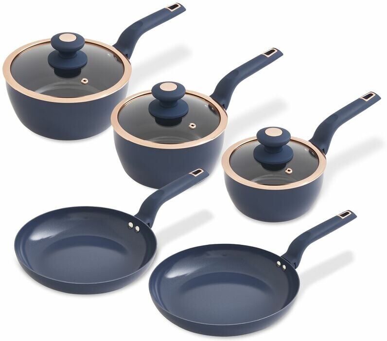 T800232MNB Cavaletto 5 Piece Cookware Set with 16cm, 18cm, 20cm Saucepans and 24cm, 28cm Non-Stick Frying Pans, Midnight Blue & Rose Gold - Tower