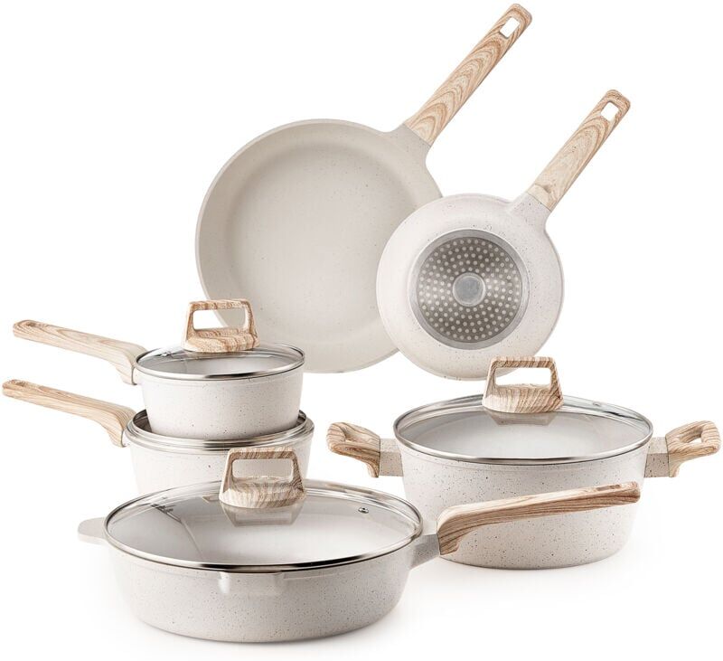 Mophorn 17-Piece Granite Nonstick Cookware Set, Induction-Compatible Kitchen Cooking Set with Frying Pans, Sauce Pans, Sauté Pan, Tempered Glass