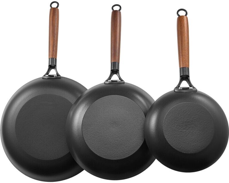Mophorn Cast Iron Skillet Set, 3-Piece Frying Pan Collection (205, 265, 310 mm), Nonstick Pans with Removable Wooden Handle, Pre-Seasoned Cooking