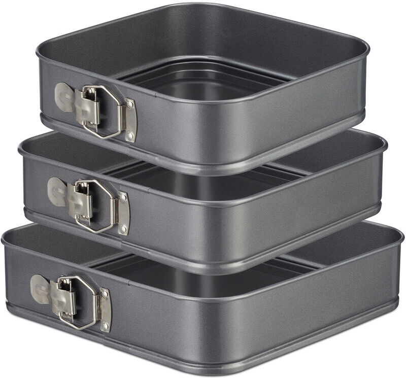 Springform Square Set Of 3, Nonstick, Angular Cake Pans, Carbon Steel Baking Tin, 24, 26 & 28 cm, Anthracite - Relaxdays