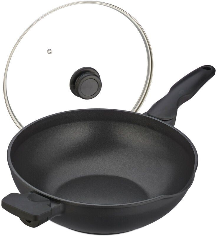 Relaxdays - Wok with Glass Lid, ø 30 cm, Aluminium, Non-Stick Coating, Gas & Electric Hobs, Stir Fry Pan, Handles, Black